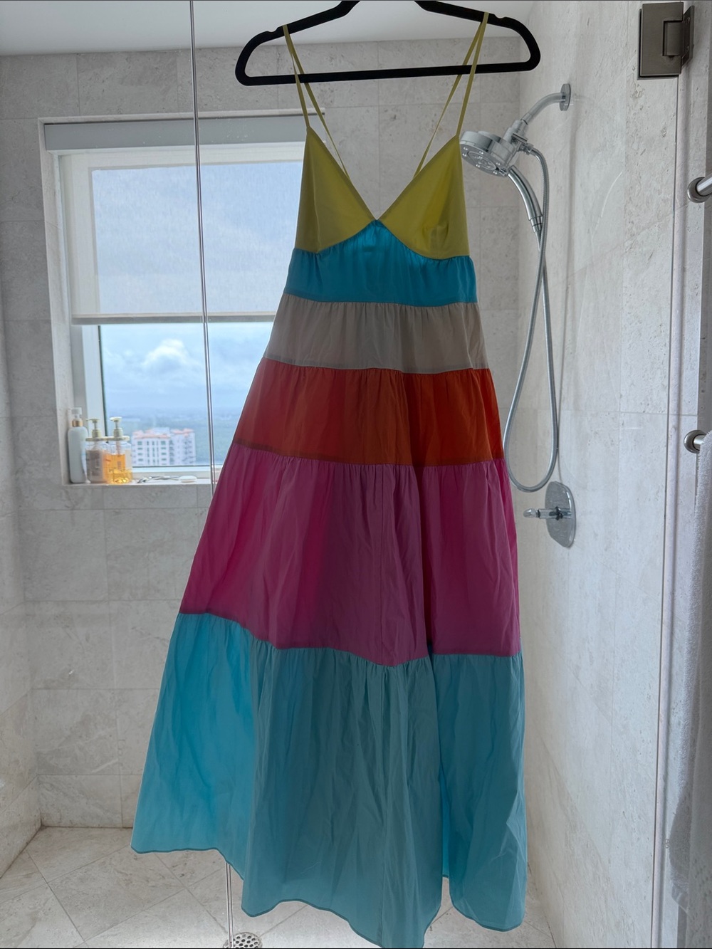 STAUD Cleo Colorblock Tiered Midi Dress in Turquoise Multi.